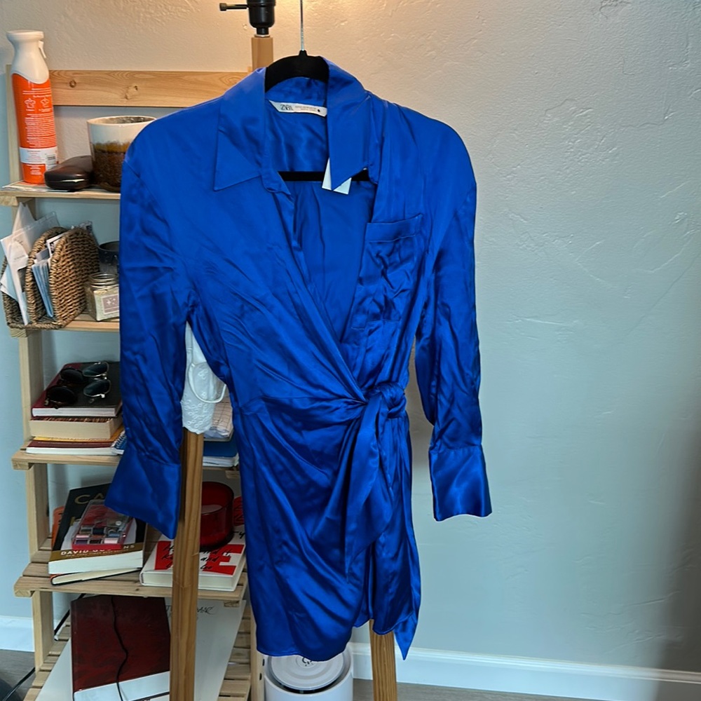 Zara blue silky satin wrap dress